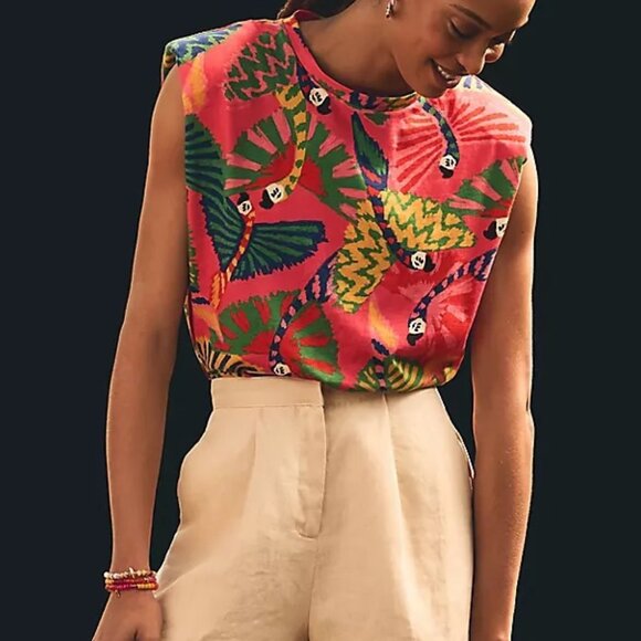 Farm Rio Coral Graphic Macaw Tropical Tee Shoulder Pads 100% Cotton LARGE - Picture 2 of 13
